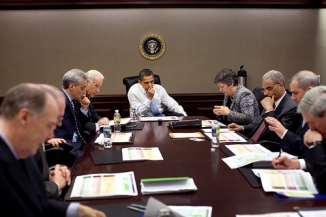 President Barack Obama is briefed about the H1N1 flu in the Situation Room 4/24/09